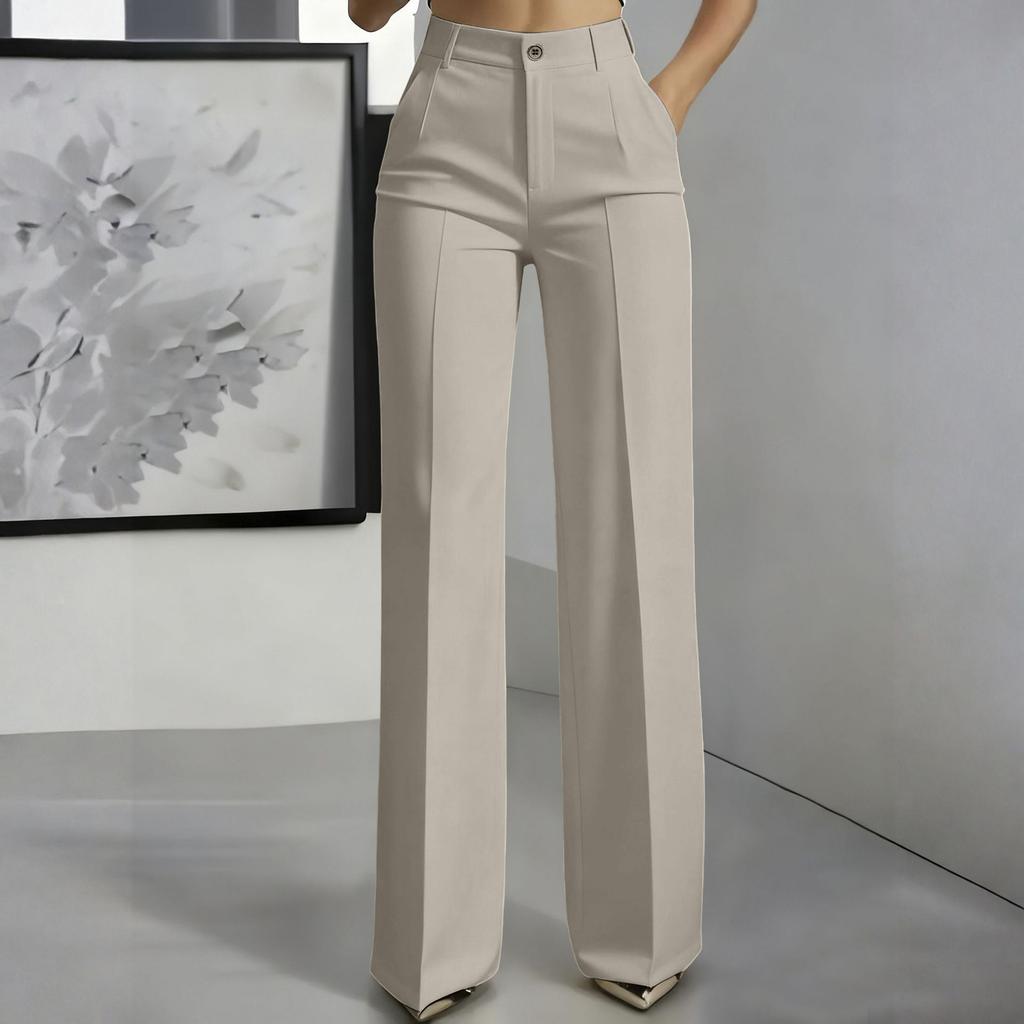 High Waist Wide Leg Hose für Damen Klassische Gerade geschnittene Business Casual Hose mit Taschen und Knopfleiste