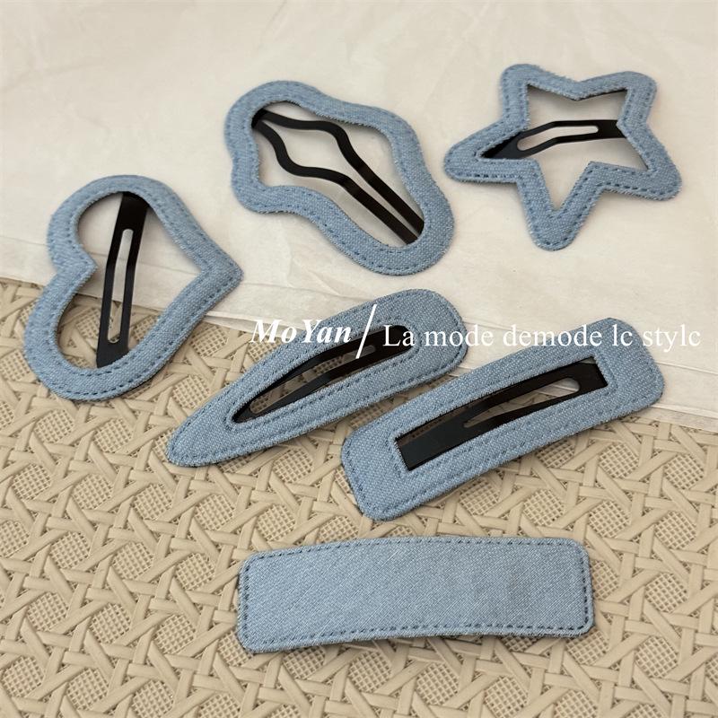 Korean Style Denim Heart & Star Hair Clips - Retro & Versatile Design