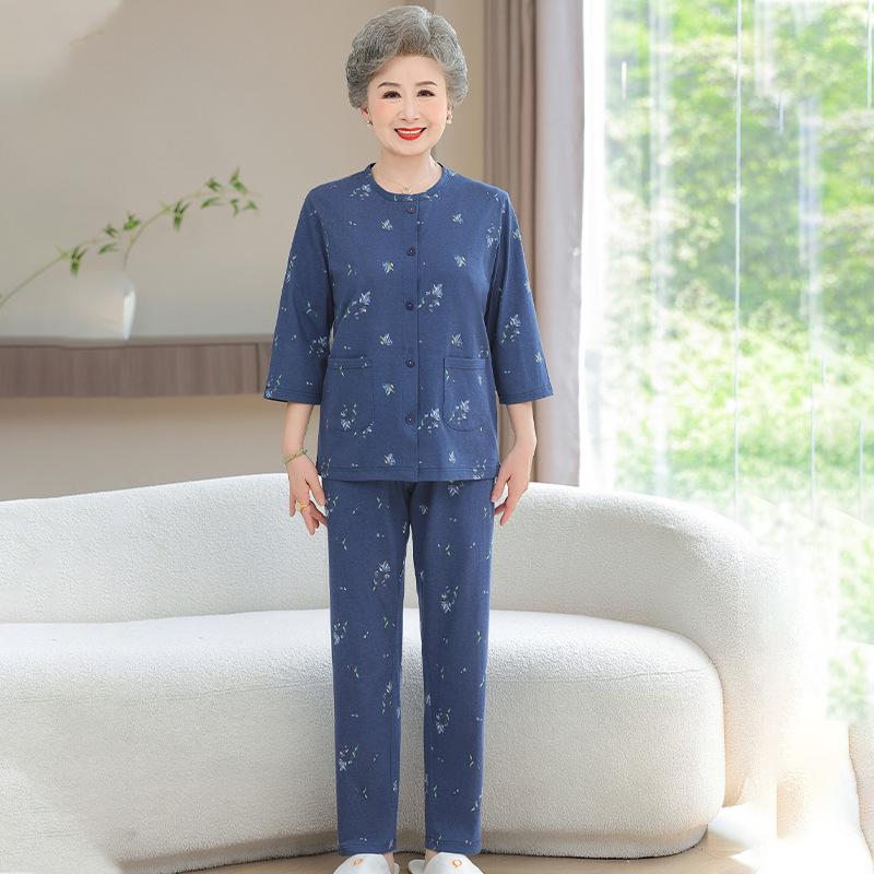

Grandma s Cotton Pajama Set for Women - Lightweight, Long-Sleeved Top for Middle-Aged and Elderly (70s & 80s) 4XL (up to 155 jin) темно-синий