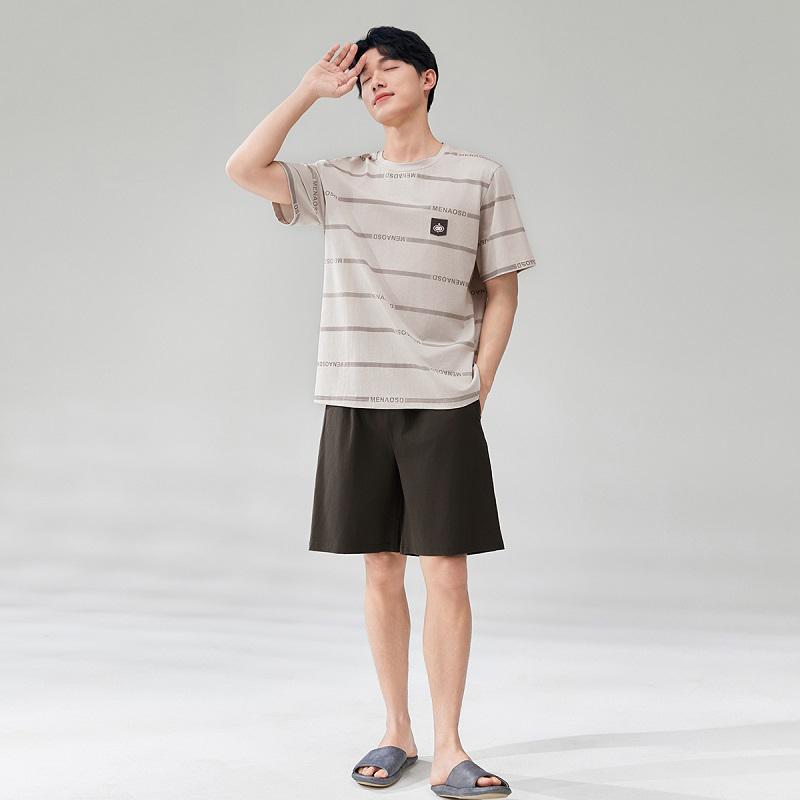 Fenteng [100% cotton] thin round neck short sleeved men's pajamas casual striped home clothes men's shorts set