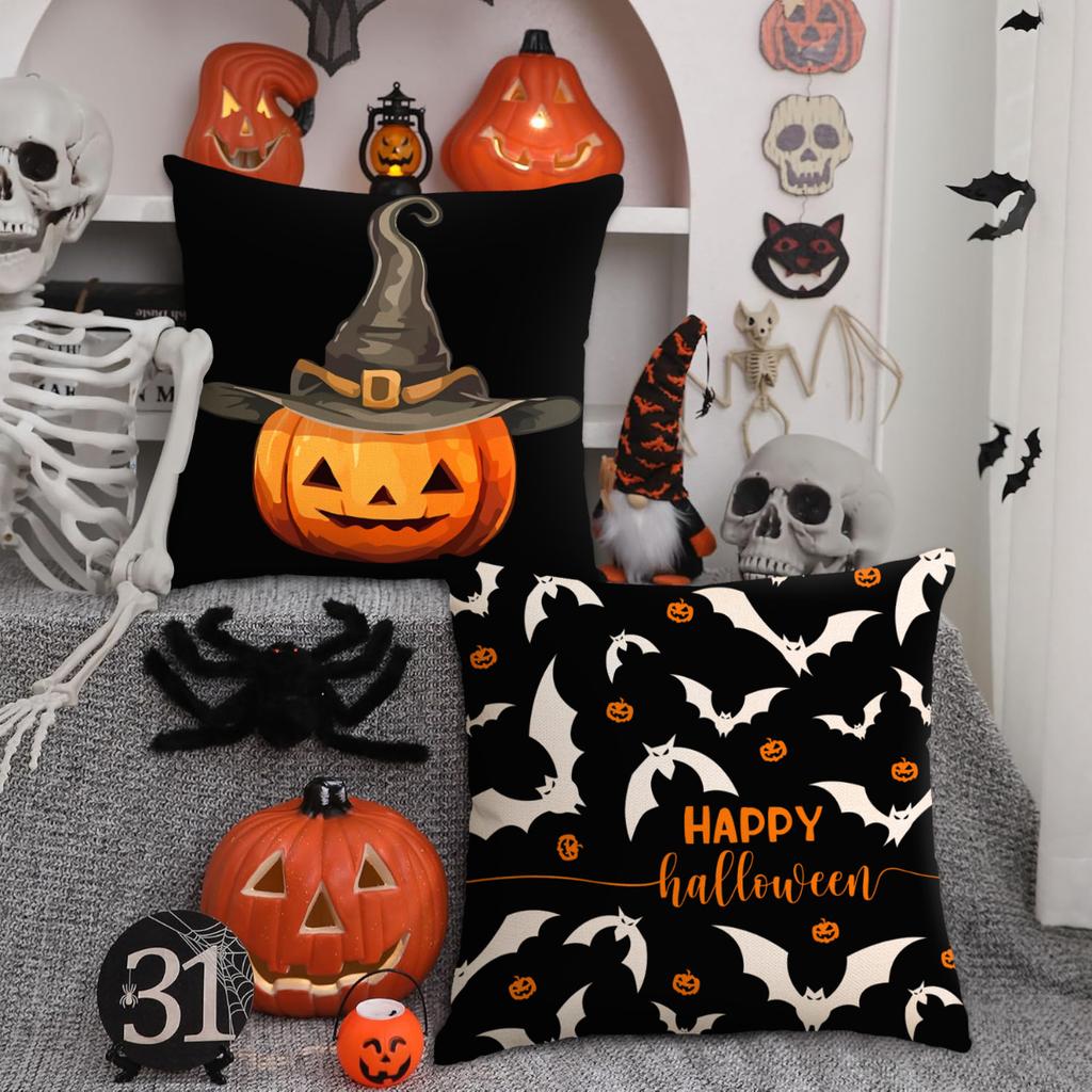 1Pc/4Pcs Halloween Decoration Pillow Cover, Trick Or Treat Cushion Cover, Ghost, Pumpkin Head, Bat Decoration Sofa Cushion Cover