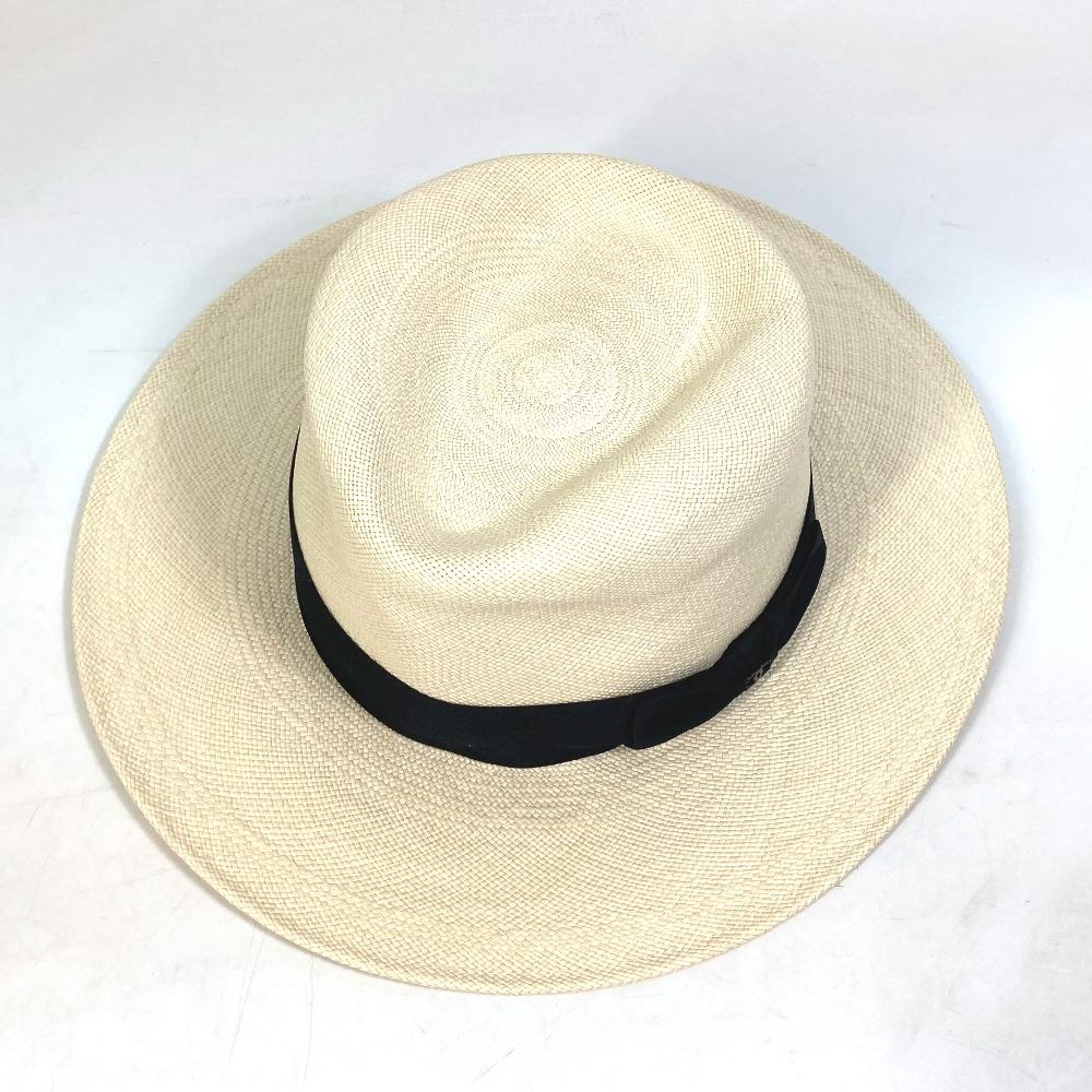 CHANEL CC CC Mark Grosgrain Ribbon 19V hat straw hat straw Beige/Black