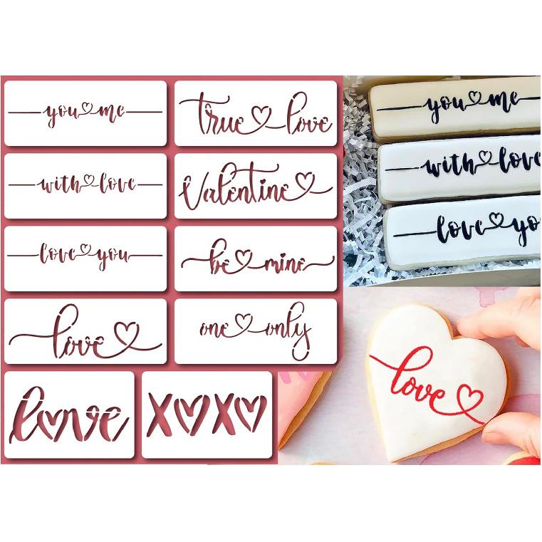 Love Script Cookie Stencil with 10 Phrases, Valentine s Cookie Decor with Love Phrase Sign Stencils
