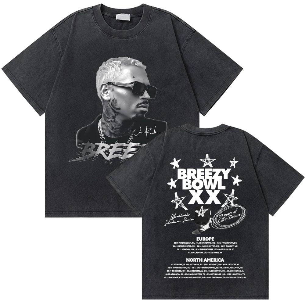 

Vintage Washed Chris Brown Graphic Tshirt Breezy Bowl XX World Tour TShirts Men Women Hip Hop Oversized Cotton T Shirts S