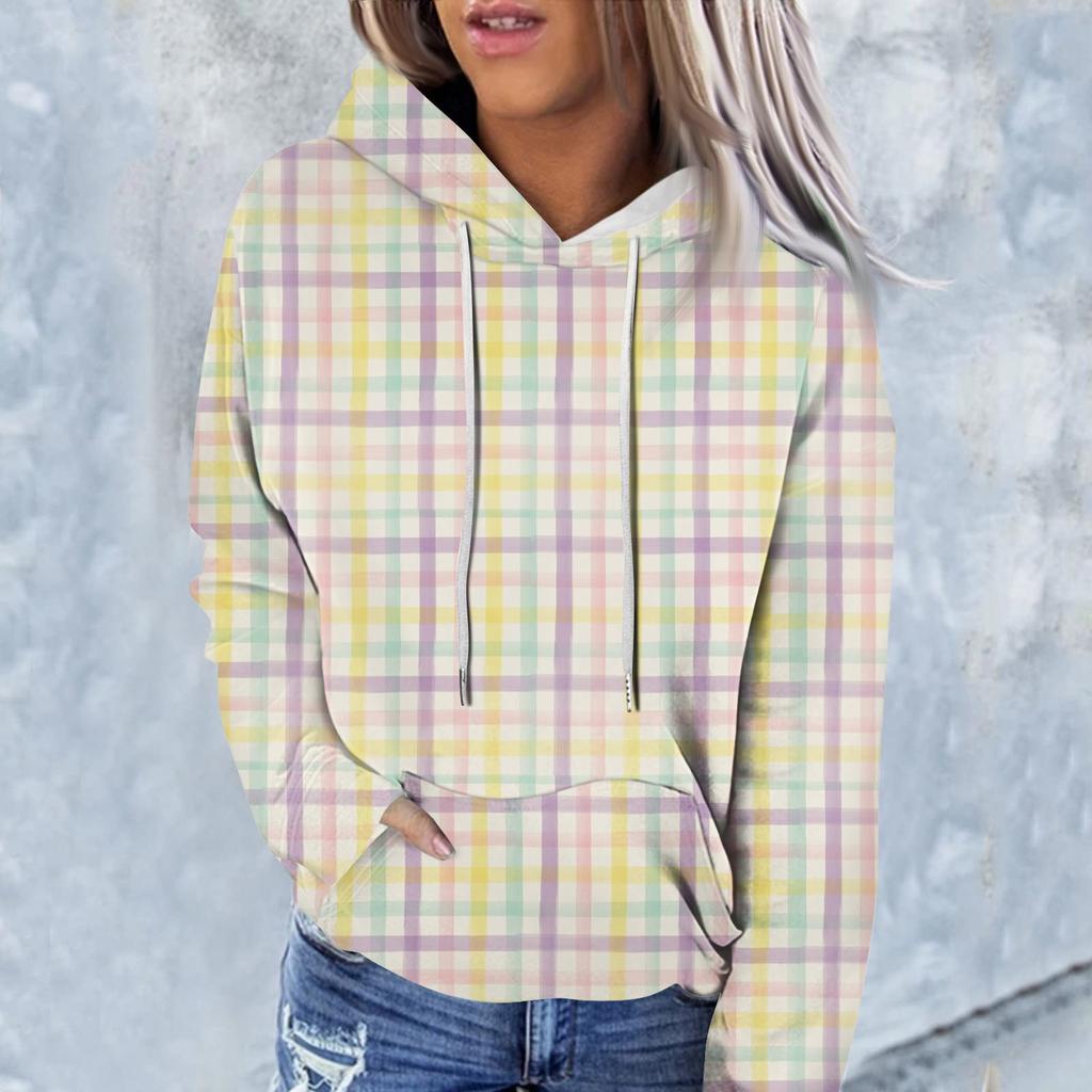 Women's Fashion Casual Long Sleeve Plaid Floral Print Hooded Sweatshirt