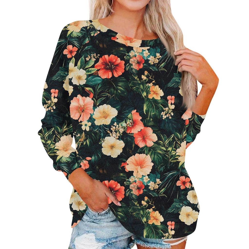 Damen Modisches Rundhals Schulter Langarm Bedrucktes Lässiges Pullover-Oberteil