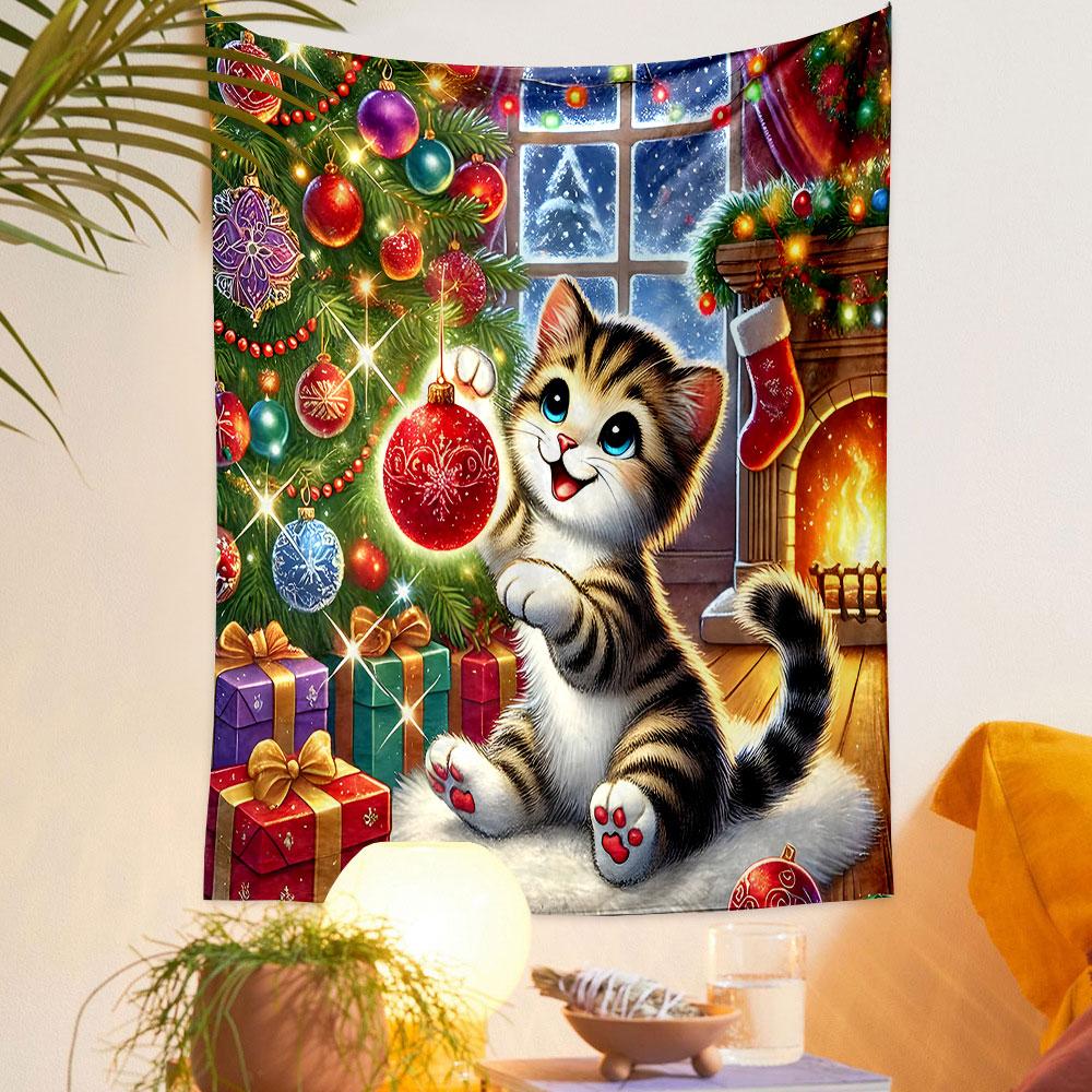 "Christmas Cat with Ornaments and Gifts" Patterned tapestry home decor, suitable for bedroom and living room, gift