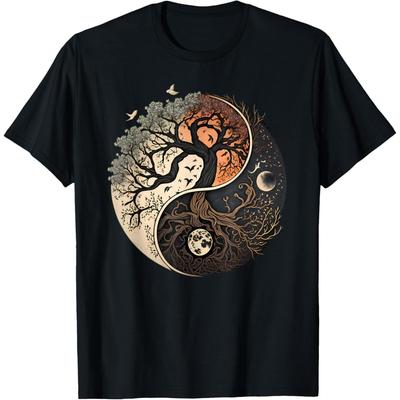Symbol Yin Yang mit dem buddhistischen Lebensbaum T-Shirts Herren Humor Streetwear T-Shirt Kurzarm Unisex Lockere Kleidung
