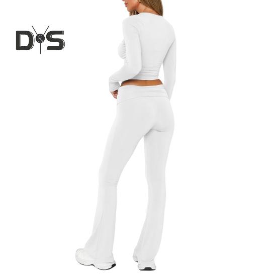 2 Teile/Satz Damen Oberteile Hosen Set Rundhals Einfarbig Lange Ärmel Slim Fit T-Shirt Niedrige Taille Ausgestellte Saum Hose Lässiges Sport Outfit