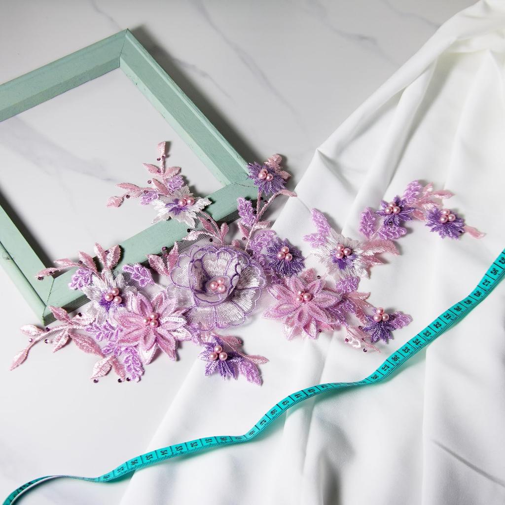 1Pcs Pink Purple Green Beaded Sequin Flower EmbroiderySewing Craft Lace Neckline Applique Trim Patch Repair Dress Bridal Gown Decor