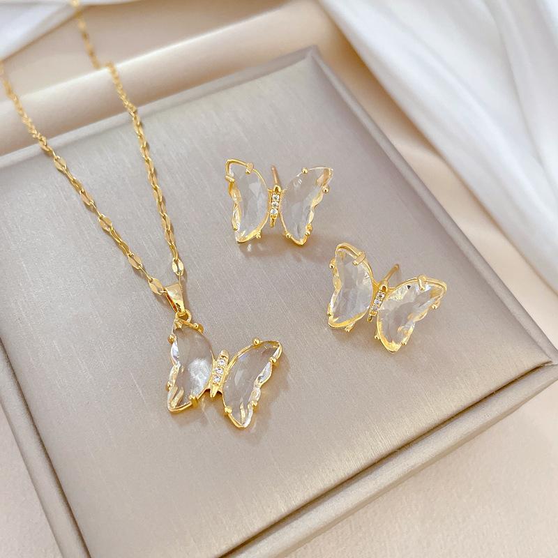 

Luxury Shiny Zircon Flower Geometric Series Necklace Drop Earrings for Women Stainless Steel Chain Fashion Jewelry Set Gifts
