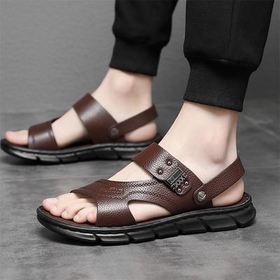 Men's Sandals Made of Genuine Leather, Summer Cowhide, and Beach Shoes. New Style for Driving and Wearing Outside, Non Slip Dual-use Dad Sandals