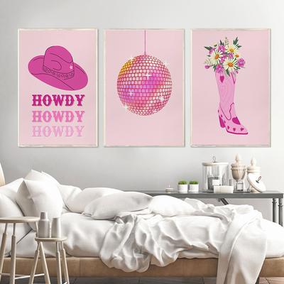 Cowgirl פוסטר 3 סט ורוד פיתוי רודיאו בד הדפסת רטרו סגנון שלום מגפיים טרנדי מעונות קיר אמנות ציור חדר עיצוב הבית