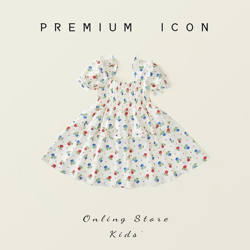 Clearance: Girls' Floral Smocked Short-Sleeve Dress - Summer 2025 Korean Style