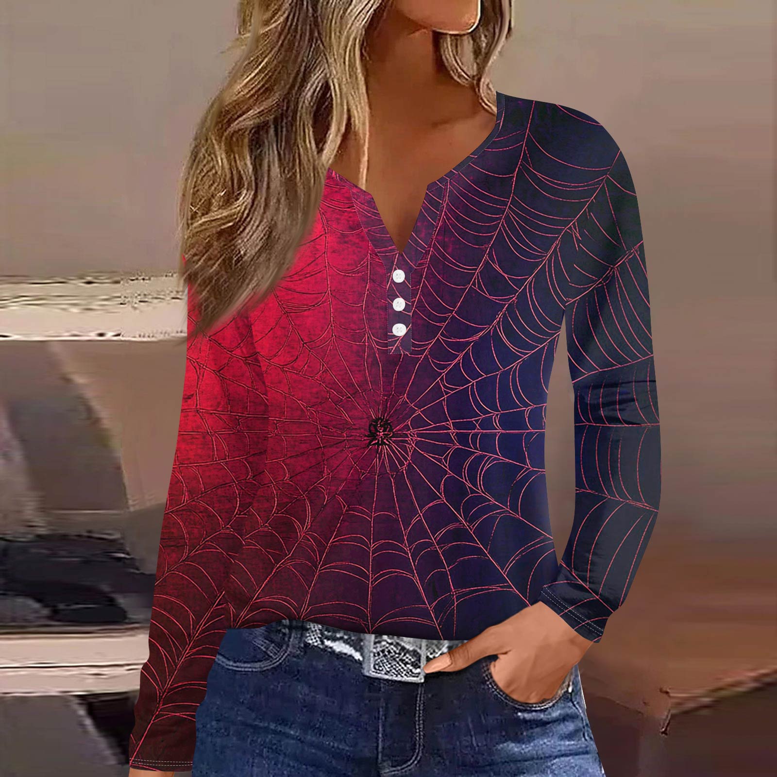 

Жен. Футболка Футболка на пуговицах с длинным рукавом Повседневные Выходные Мода Классический Топ с v-образным вырезом Обычный S