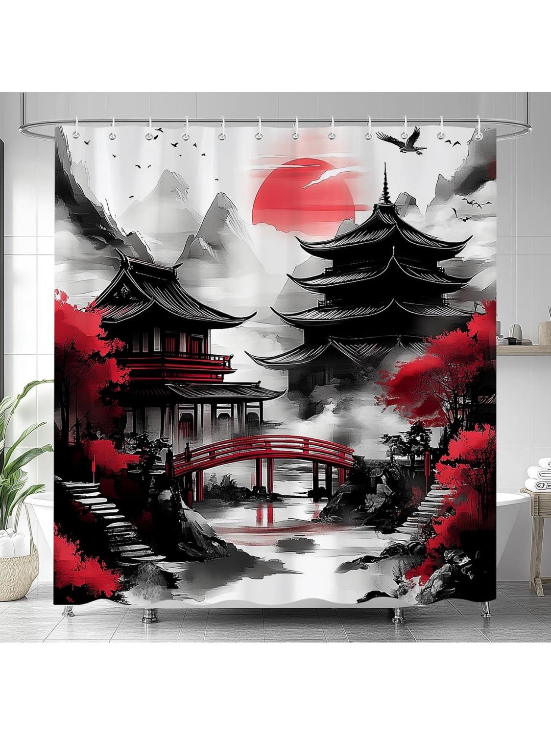 

Japanese Anime Shower Curtain, Asian Cherry Blossom Landscape Ink Painting Design Bath Curtains For Bathroom, Black And Red W60H190(CM)-1 Pcs