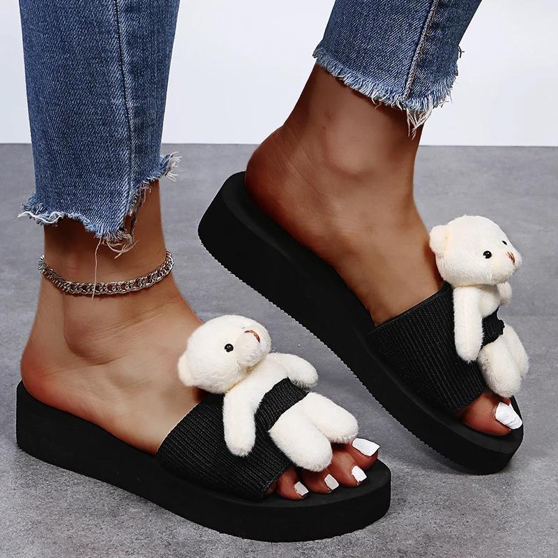 Fashion 2025 Summer Cute Bear Decor Slippers for Women Fashion Med Heel Wedges Sandals Woman Daily Outside Non Slip Slides Mujer