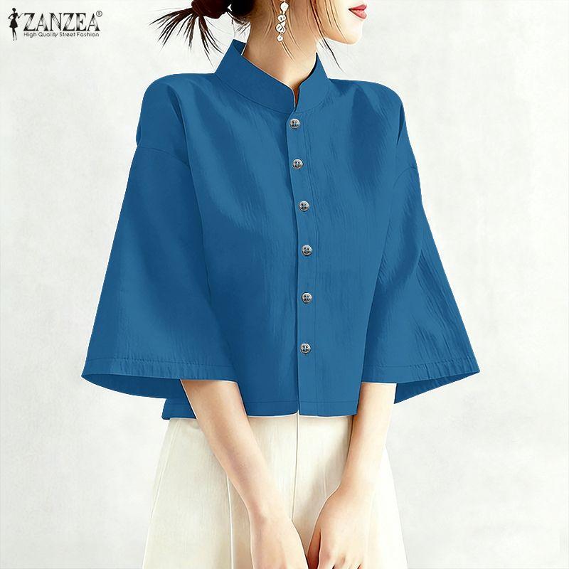 ZANZEA Women Stand Collar Solid Color Loose Half Sleeve Blouse M синий