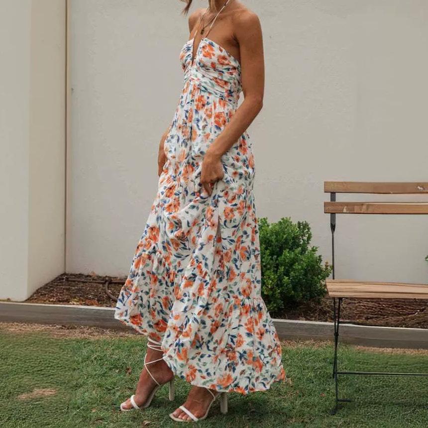 Damen V-Ausschnitt Sommerkleidung A-Linie Langes Blumen-Halterkleid Neckholder Mutter Kleidung Party Tutu Kleid für Damen