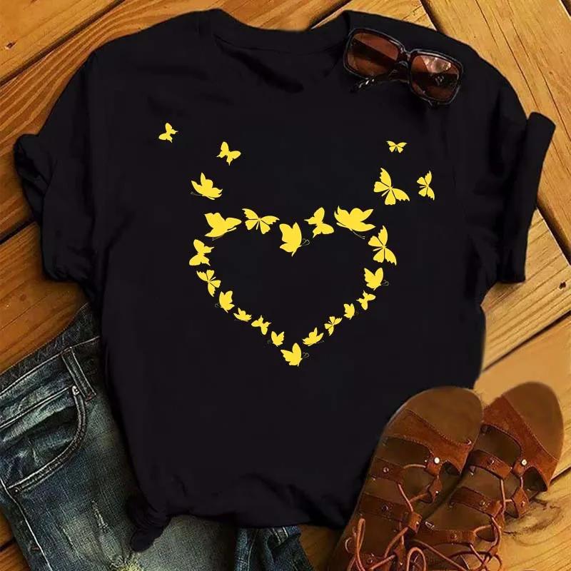 Butterfly Heart Printed T Shirt New Unisex Black T Shirt Harajuku Cute Graphic Tee Shirt Ladies Casual Female Tops Tee