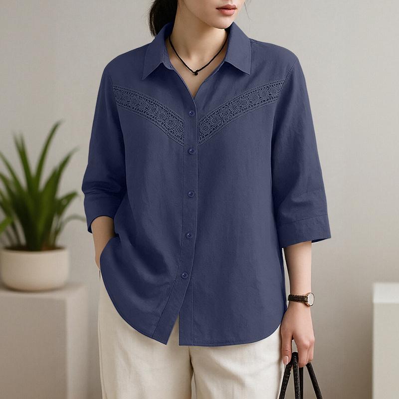 ZANZEA Women Lace Patchwork Casual Turn Down Collar Loose 3/4 Sleeve Blouse