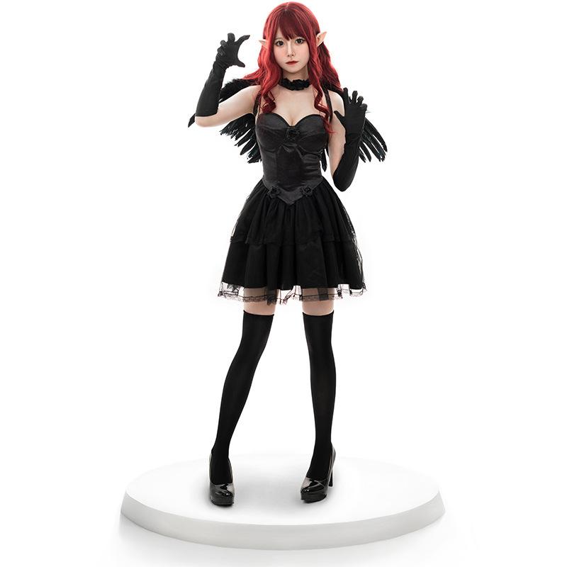 Fallen Dark Angels Devil Cosplay Gauze Dress for Women Feather Wings Elf Birthday Halloween Party Costume S