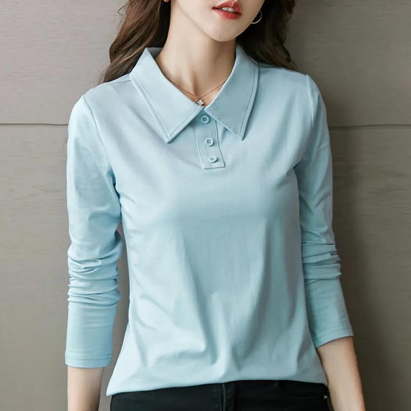 Womens Casual Solid Color Long Sleeve Polo Shirt S синий