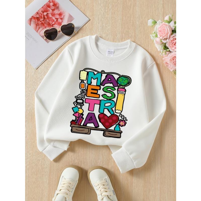 European sizes Kids Sweatshirts, Girls' Autumn Winter Colorful Teacher Word Art Print Long Sleeve Round Neck Sweatshirt, Casual Daily Wear.