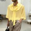 INCERUN Summer Men Lapel Short Sleeve Lace Mesh Sheer Casual Loose Shirts