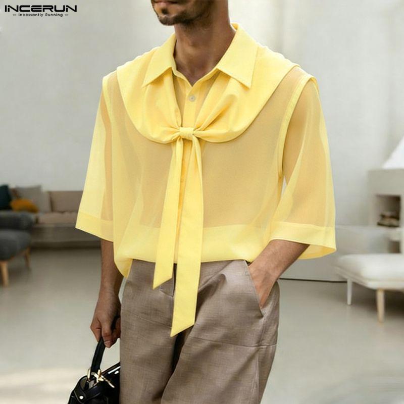 INCERUN Summer Men Lapel Short Sleeve Lace Mesh Sheer Casual Loose Shirts