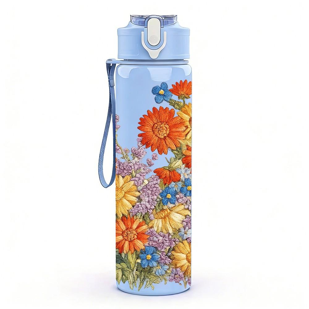 1PC Warm Tone Orange Yellow Flower Print 750ml Color Plastic Sports Water Bottle Leakproof Flip Straw Lid Suitable for Sports Office Home Use