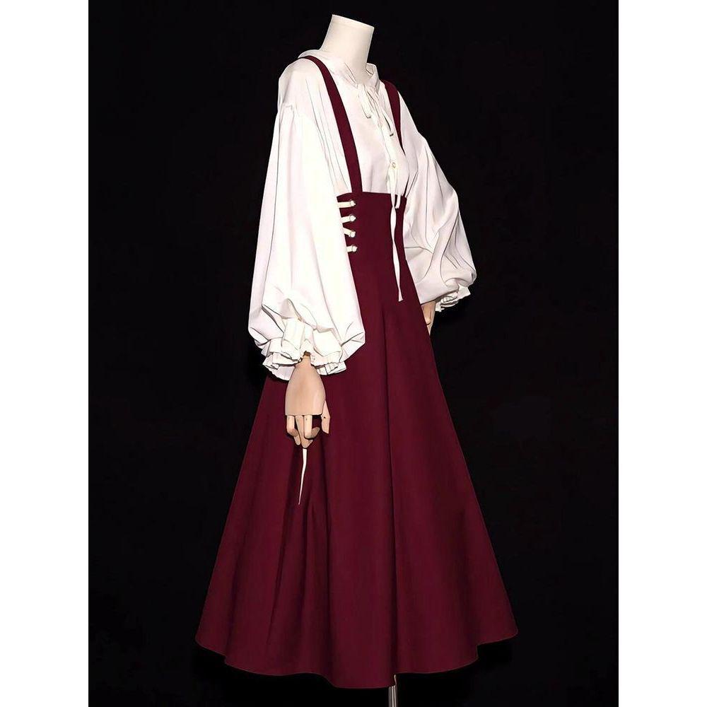 French Retro Hepburn High-Waisted Tie-Up Strap Dress & Lantern Sleeve Shirt Set