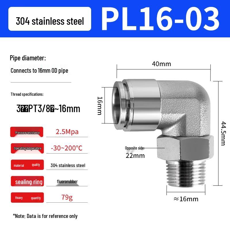 304 Stainless Steel Pneumatic Quick Push-in Connector, PC16-06/PC8-02 Swivel Elbow, PL6-M5/04