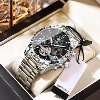 Moda Biznes Męski Zegarek Wodoodporny Latający Tourbillon Stalowy Pasek Wielofunkcyjne Mechaniczne Zegarki Na Rękę