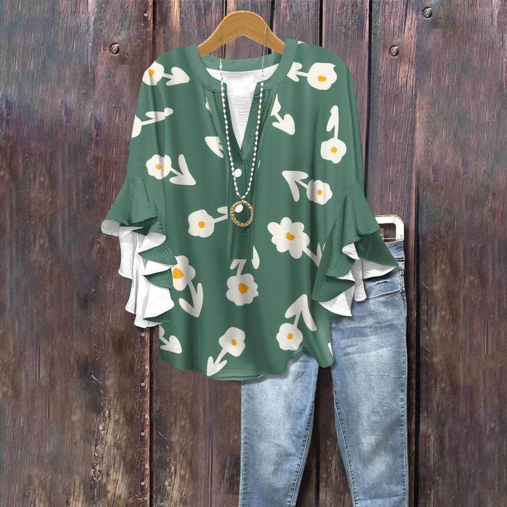 Summer Women's Tops V-Neck Seven Sleeve Shirt Spring Summer Floral Printed Tops Casual Shirt