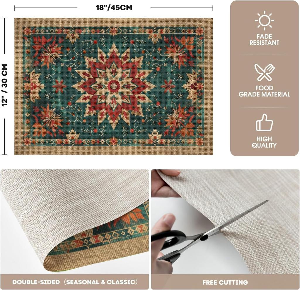 Snowflakes Floral Ethnic Boho Christmas Placemats Set of 4, Washable Heat Resistant Non-Slip Plastic PVC Place Mats