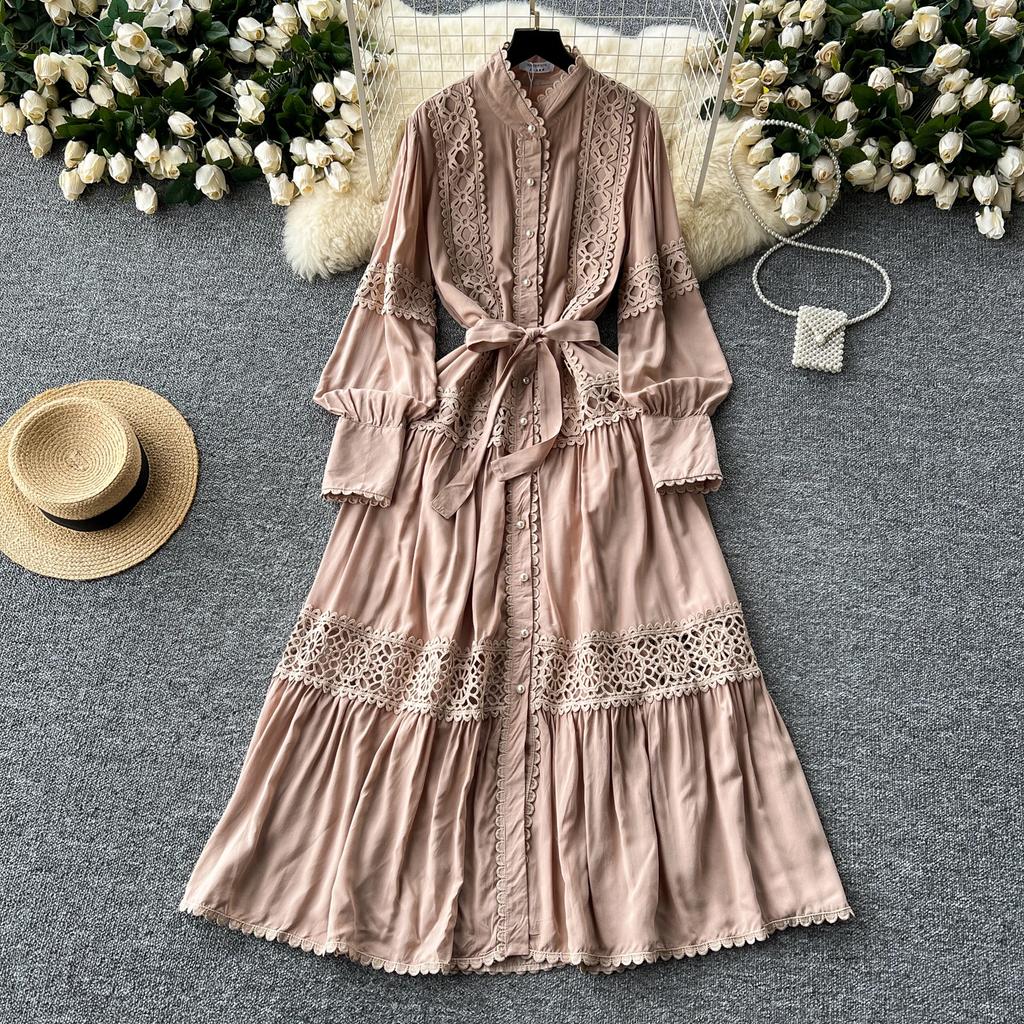 Harajuku Stand Collar Lantern Sleeve Lace Mujer Lace Up Mid-length French Style Dresses Patchwork Hollow Out Robe
