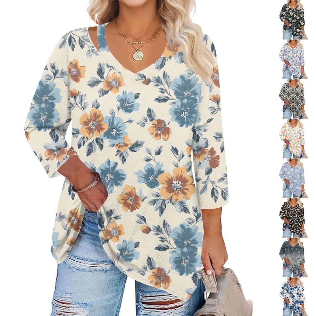 Dámské potištěné topy plus size s dutým véčkovým výstřihem a 3/4 rukávy, elegantní ležérní topy