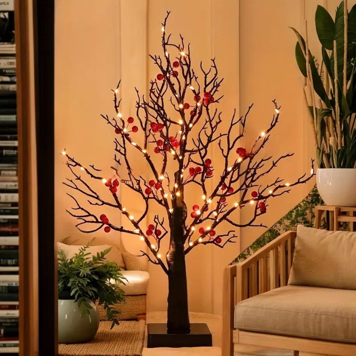 

1PC 60 LED Black Artificial Birch Lighting With Red Berry And Bird Parrots Battery Operated For Christmas Holiday Partry Decor 60LED теплый белый