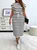 Summer new European and American women's clothing crew neck striped lace-up waist large size dress