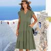 Women's V-neck, Ruffled Sleeve, Mid-length, Patchwork, Wide Skirt, Pocket Dress