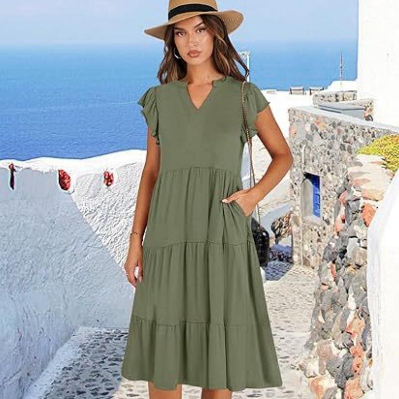 

Women s V-neck, ruffled sleeve, mid-length, patchwork, wide skirt, pocket dress L армия зеленый