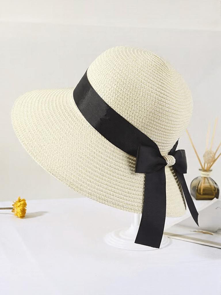 Women Wide Brim Straw Sun Hat With Black Bow Band For Beach Summer