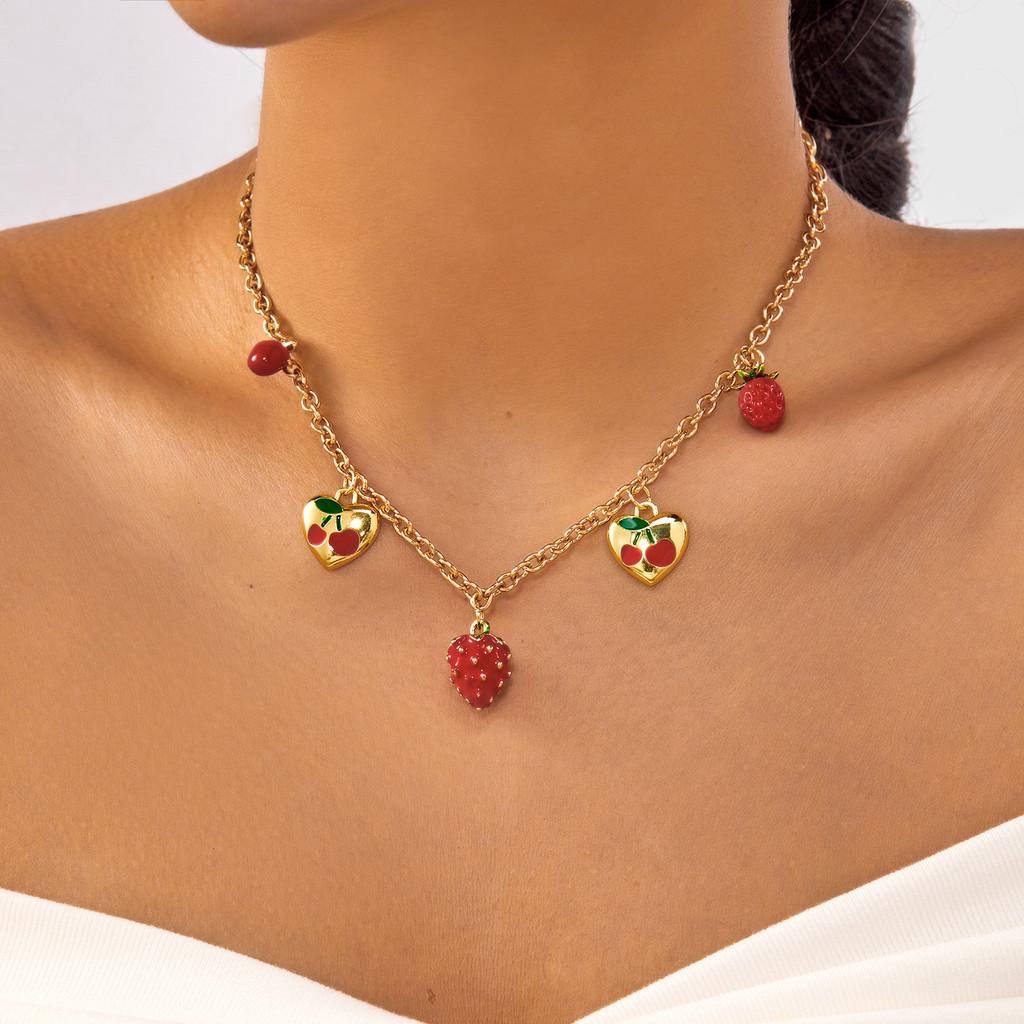 Summer Fashion Heart Cherry Fruit Pendant Necklace With Adjustable Chain For Women