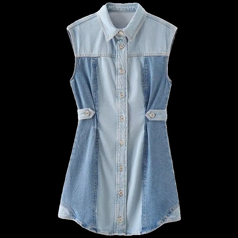 Fashion Style 2024 Summer New Arrival Women's Lapel Sleeveless Waist Mini Patchwork Denim Dress 5862085