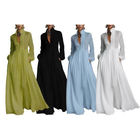 Abito da Donna con Collo Alto Manica Lunga Bottoni Davanti Maxi Abito con Tasche Funzionali Pieghettato
