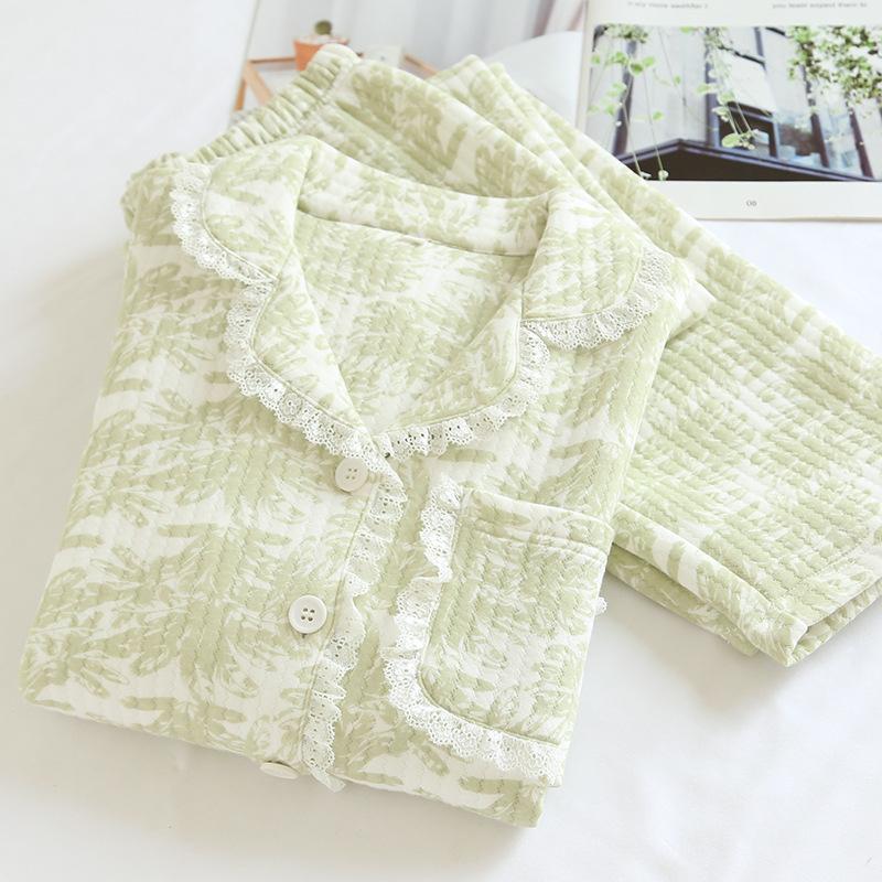 Fresh Sweet Winter Thicken Pajamas Sets Women Keep Warm 100% Scuba Cotton Quilted Long-sleeved Sleepwear