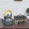 Handcrafted & Handpainted Multicoloured Aluminium Tea Kettle Pot and 6 Glasses with Stand (Black, Yellow, White)