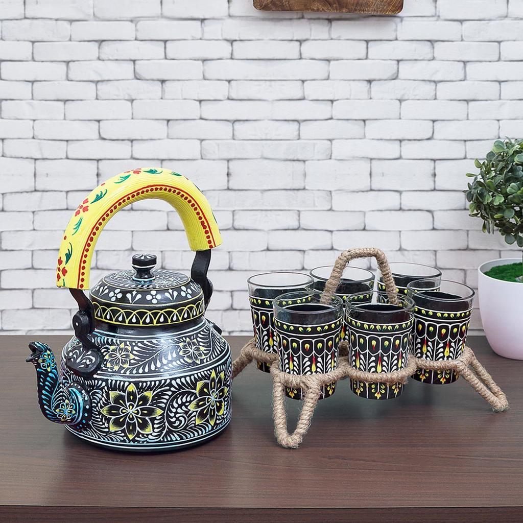 Handcrafted & Handpainted Multicoloured Aluminium Tea Kettle Pot and 6 Glasses with Stand (Black, Yellow, White)