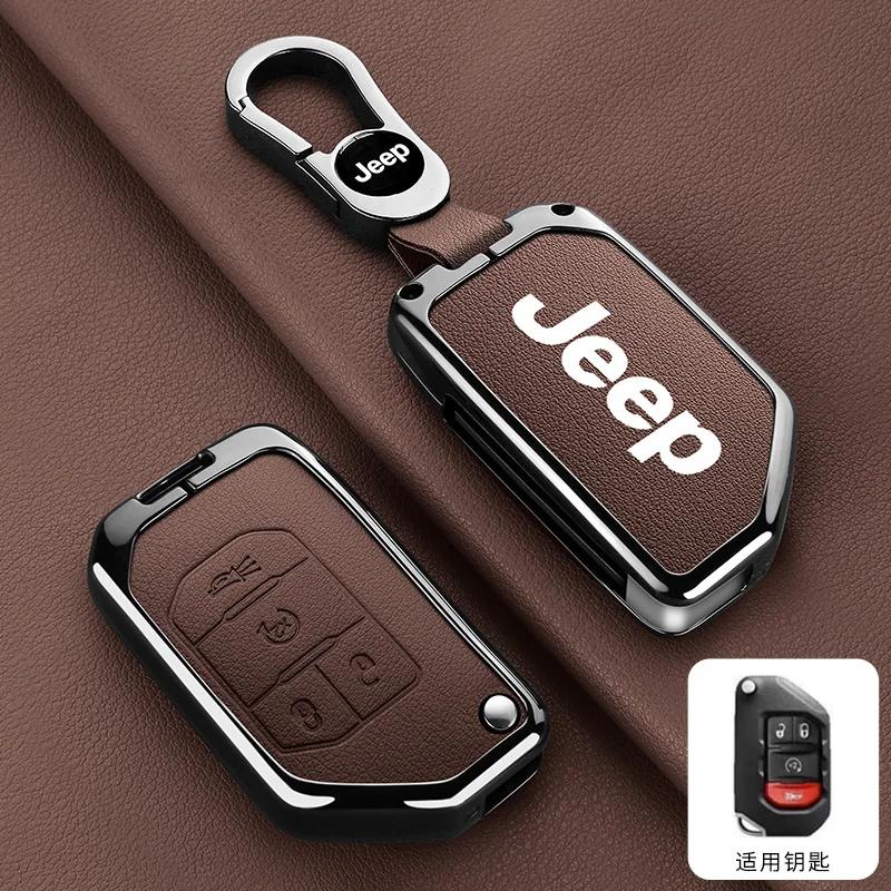 For Jeep Metal Leather Car Key Case Cover Shell Keychain for Jeep Wrangler Gladiator JL JLU Rubicon Sahara JLU JT 2018-2022 A